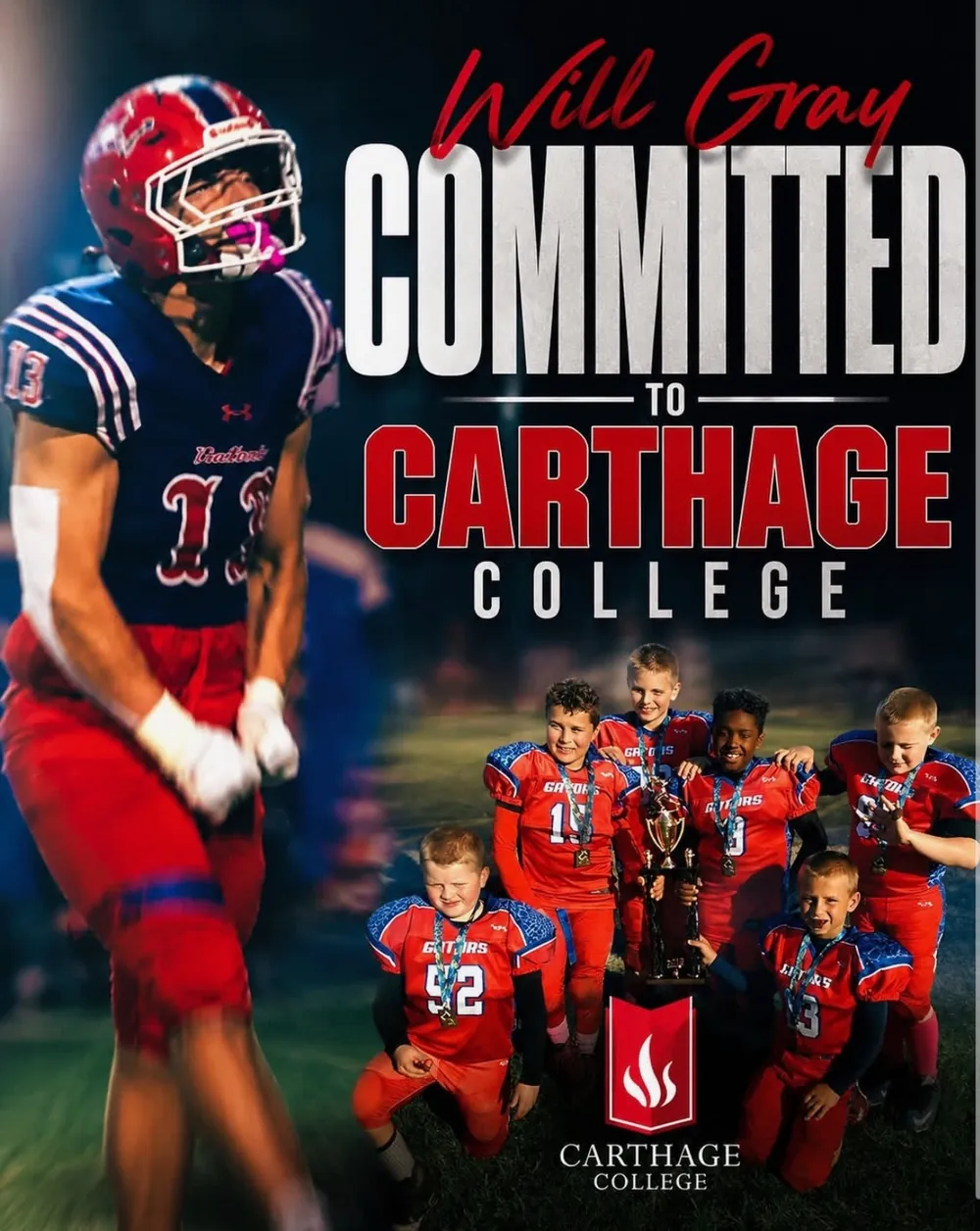 Aurora Gators graphic celebrating Will's commitment to Carthage College, with a photo of the youth team